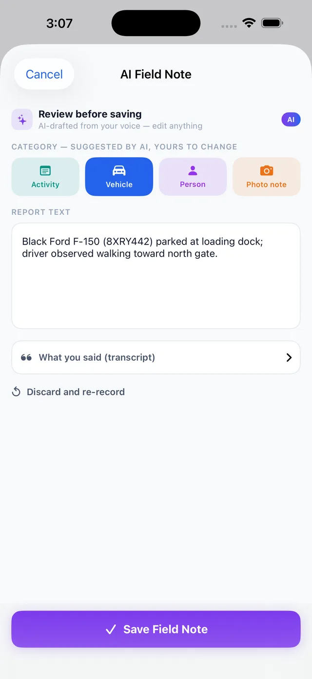Garrizon FieldOS on iPhone — a guard's voice note transcribed into an AI-drafted field note awaiting review