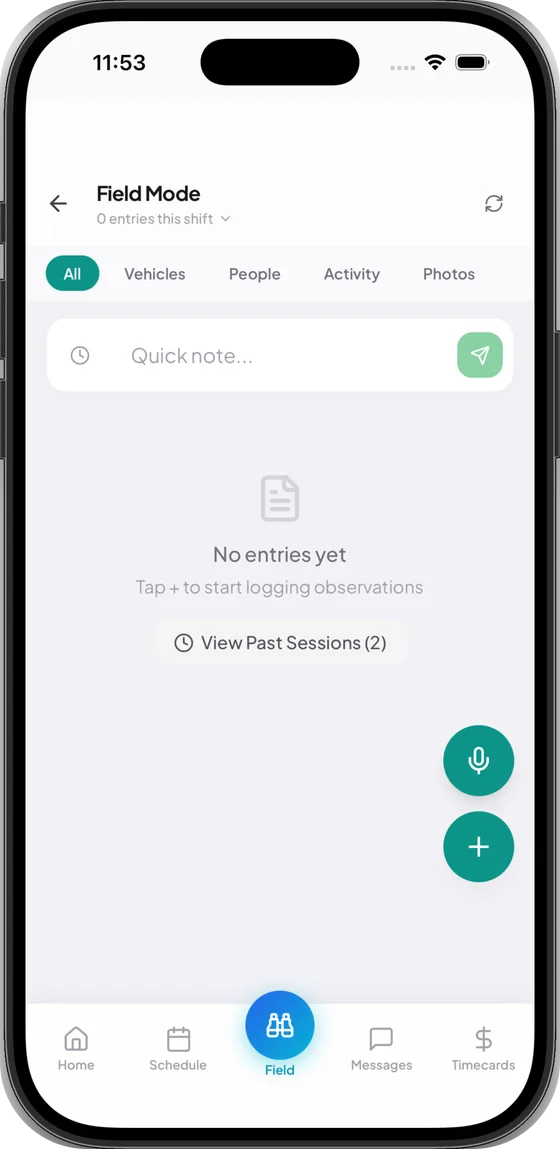 Garrizon guard app — Field Mode screen on iPhone