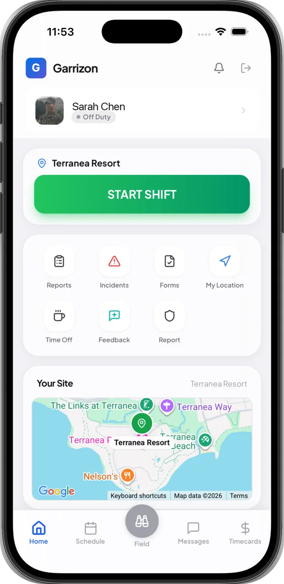 Garrizon guard app on iPhone — one tap to start a shift