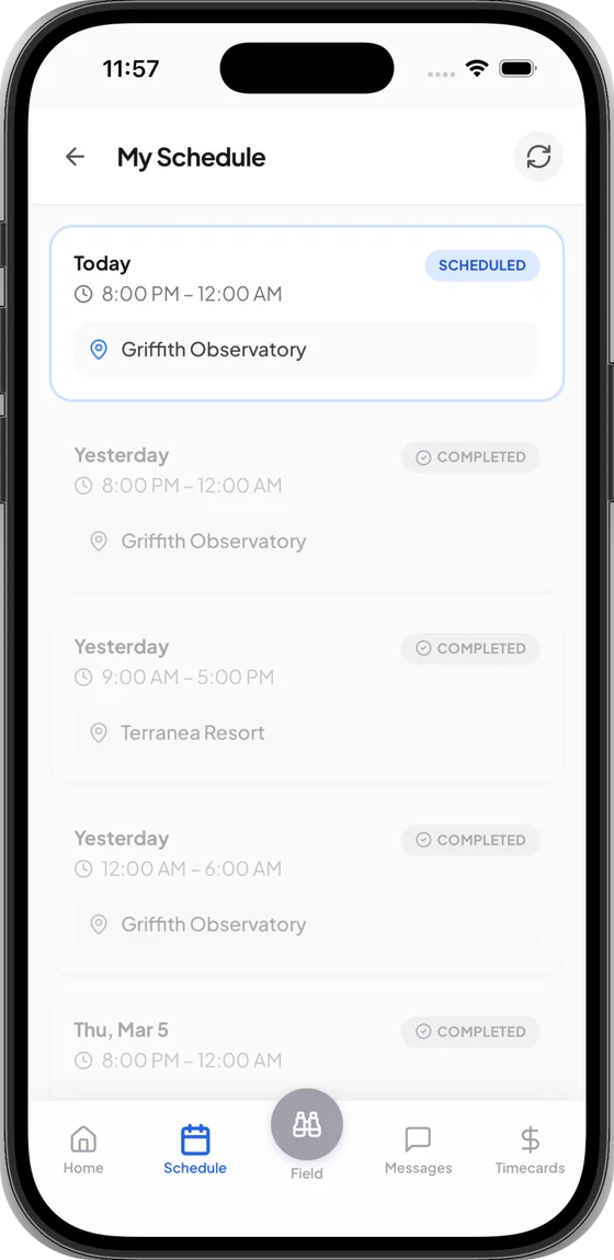 Garrizon guard app — Schedule screen on iPhone